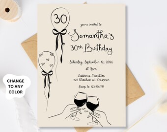 Illustrated 30th Birthday Invitation Template, Cheers to thirty Invite Hand Drawn Illustration 30th birthday Invites, Thirty Invite template