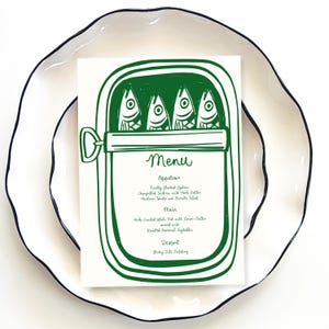 Sardine Italian Inspired Menu Template printable, Hand drawn illustrated sardine party food menu, Whimsical menu scribble Italian menu green