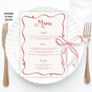 Red Bow Place Cards and menu Template, Whimsical PlaceCard red Place Card with menu, Christmas Table menu, Fancy Bridal shower placecard