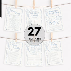 Baby shower games - Predictions and Advice Baby Shower Games, Whimsical blue bow Border Template Boy Baby Shower game drawn baby bingo