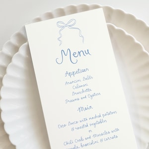 Blue bow Menu Template, Beach Bachelorette Party Decor tags, Blue Coastal Beach Bach Weekend Decor, Coastal Menu table decor, last toast