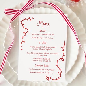 Christmas Menu Template printable, Hand drawn line art Christmas menu red, Christmas lights menu scribble, Holiday Menu Template Printable