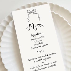 Wedding Menu Template printable, Hand drawn line art illustrated wedding menu, Modern wedding menu hand drawn bow scribble menu French style