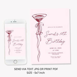 May include: A pink birthday invitation with a martini glass illustration in burgundy. The invitation includes the text "Sarah's 30th Birthday" with date, time, location, and RSVP information. The size is 5x7 inches.