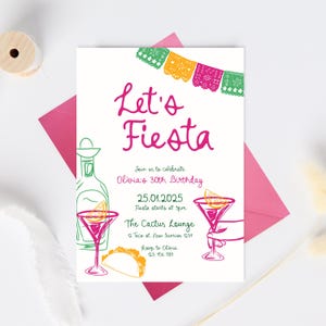 Könnte beinhalten: Eine weiße Einladungskarte mit einer rosa, grünen und gelben Papiergirlande oben. Der Text "Let's Fiesta" ist in rosa. Die Einladung ist für Olivias 30. Geburtstag am 25. Januar 2025 um 15:00 Uhr im Cactus Lounge. Die Einladung enthält eine Telefonnummer zur Bestätigung.