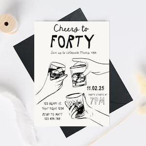 Könnte beinhalten: Schwarz-weiß-Illustration einer Partyeinladung zum 40. Geburtstag. Die Einladung zeigt drei Gläser Alkohol mit Eiswürfeln und den Text "Cheers to Forty" und "Join us to celebrate Mattis 40th". Die Einladung enthält auch das Datum "11.02.25", die Uhrzeit "7PM" und die Adresse "123 Happy st. Your Place 1234". Der Text "RSVP to Matt 123 456 789" ist ebenfalls enthalten.