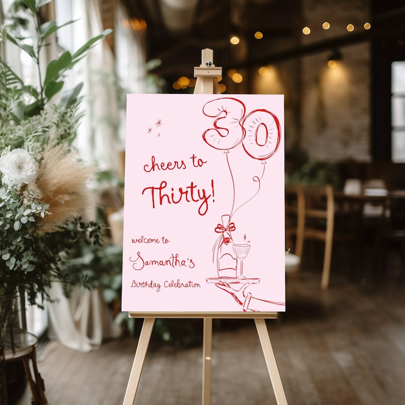 May include: Pink birthday party sign with the number 30 in red balloons, the text "Cheers to Thirty!" and "Welcome to Samantha's Birthday Celebration".
