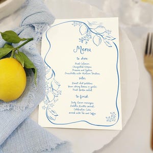 Lemon bridal shower Menu Template printable, Hand drawn line art illustrated wedding menu lemon Spritz, Amalfi coast wedding menu scribble