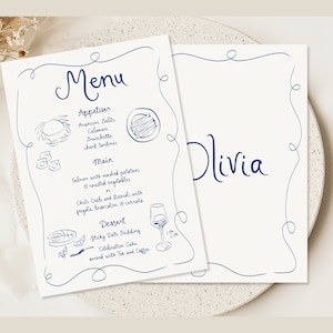 Whimsical Wedding Menu Template printable, Hand drawn line art illustrated wedding party food menu, Modern wedding menu scribble menu icons