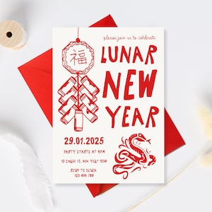 Chinese New Year Invitation Template, 2025 Snake New Year, Lunar New Year 2025, Chinese Celebration for Friends Party Invite red New year