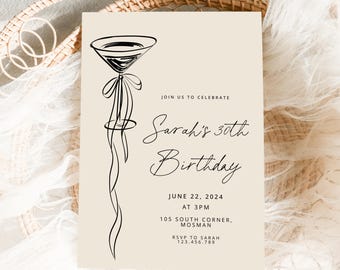 30th Birthday Invitation Template, 30th birthday invite, beige martini bow 30th birthday Invites, cheers to 30 birthday Invite template