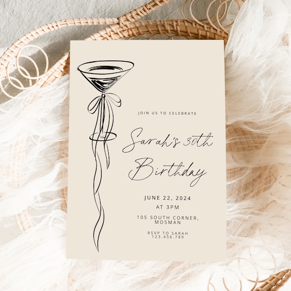 30th Birthday Invitation Template, 30th birthday invite, beige martini bow 30th birthday Invites, cheers to 30 birthday Invite template