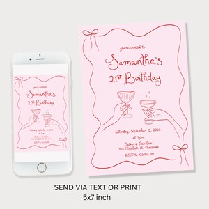 May include: A pink and red 5x7 inch printable invitation for a 21st birthday party. The invitation features a red illustration of two hands holding champagne glasses. The text on the invitation reads "You're invited to Samantha's 21st Birthday".