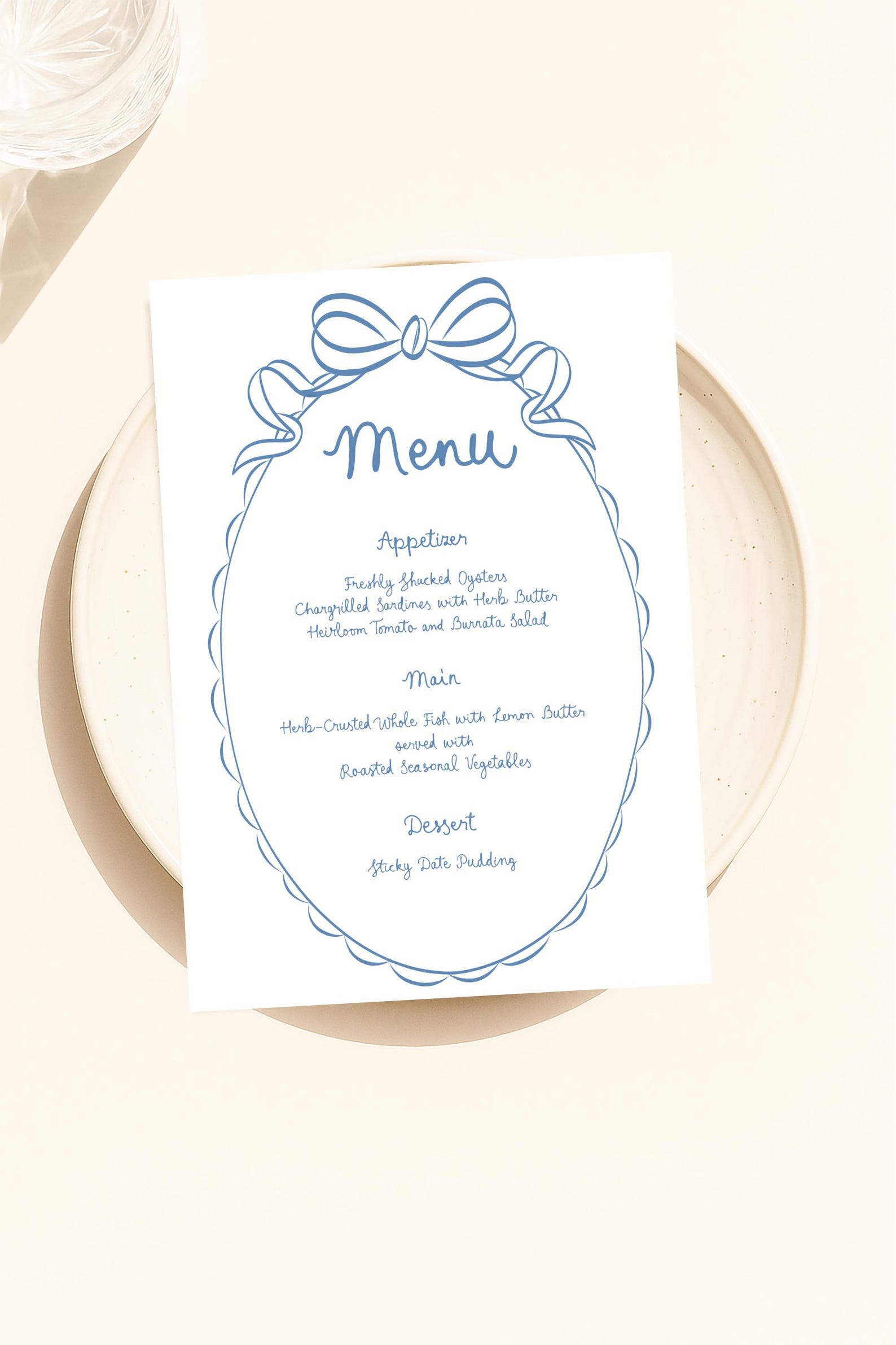 Blue Bow Menu Template • Elegant Wedding Menu Printable • Editable Bow ...