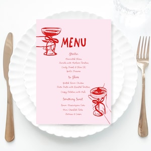 Pink Birthday Menu Template printable, Hand drawn cherry Cocktail Illustration 40th birthday pink menu, Pink Wedding drink menu pink martini