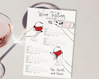 May include: A white wine tasting score card with black line art illustrations of wine glasses, a wine bottle, and hands. The card includes sections for scoring wine and the text "Wine Tasting" and "Sip, Swirl, and Savor".