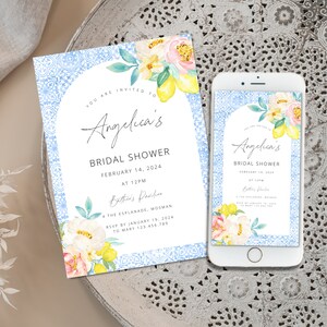 Mediterranean Lemon Bridal Shower Invitation Template, Italian Blue Tiles Bridal Shower Arched Invite, Main Squeeze, Instant Download et59
