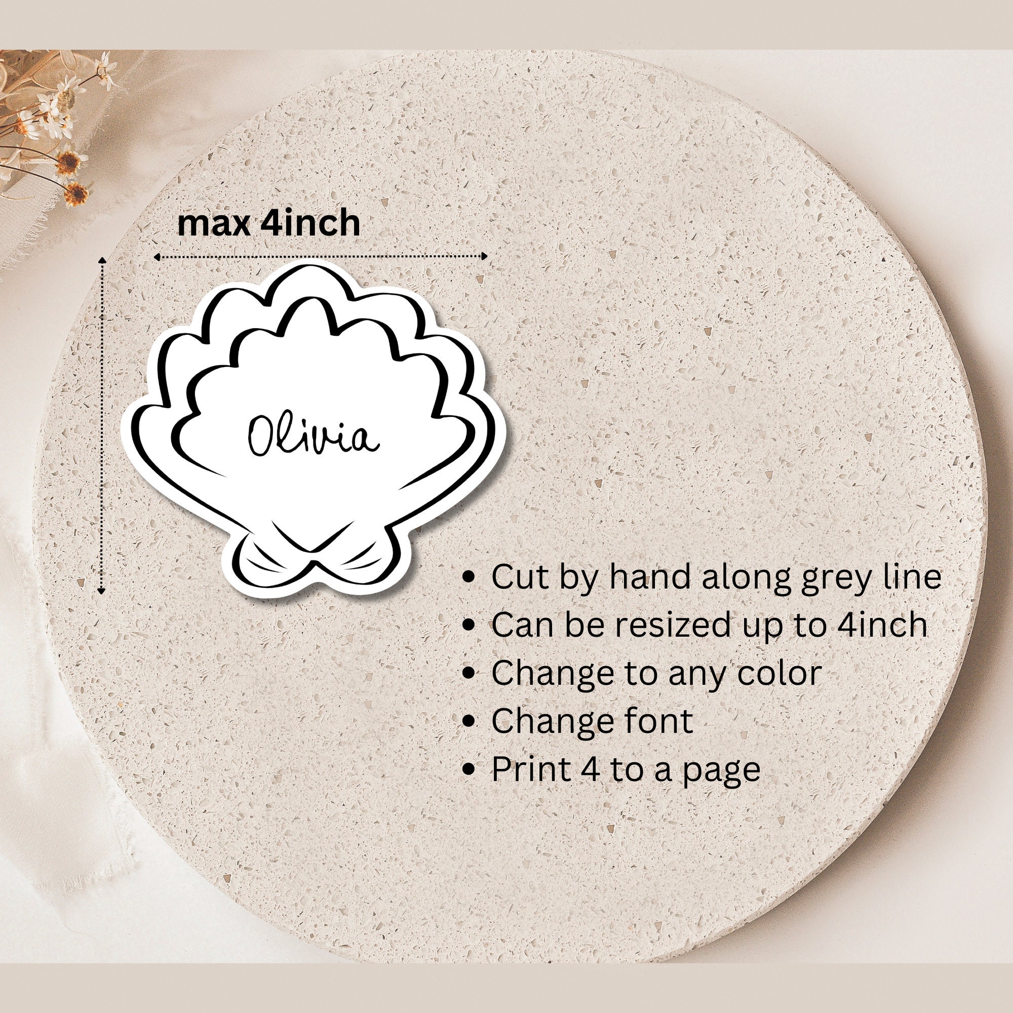 Shell Card Outline Shell Place Cards Template, Whimsical Place Card, Shell Placecard ...
