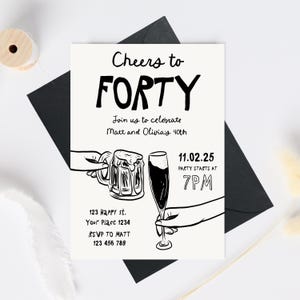 Może przedstawiać: Czarno-biała ilustracja kufla piwa i kieliszka wina z tekstem "Cheers to Forty" i "Join us to celebrate Matt and Olivia's 40th". Data "11.02.25" i godzina "7PM" są również zawarte. Tekst "123 Happy st. Your Place 1234 RSVP TO MATT 123 456 789" znajduje się na dole zaproszenia.
