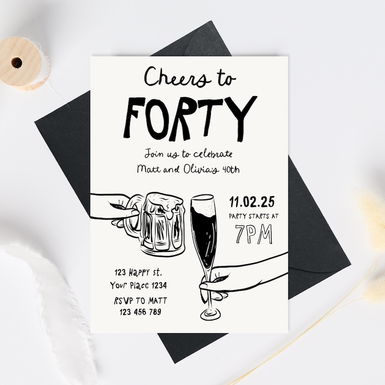 Może przedstawiać: Czarno-biała ilustracja kufla piwa i kieliszka wina z tekstem "Cheers to Forty" i "Join us to celebrate Matt and Olivia's 40th". Data "11.02.25" i godzina "7PM" są r&oacute;wnież zawarte. Tekst "123 Happy st. Your Place 1234 RSVP TO MATT 123 456 789" znajduje się na dole zaproszenia.