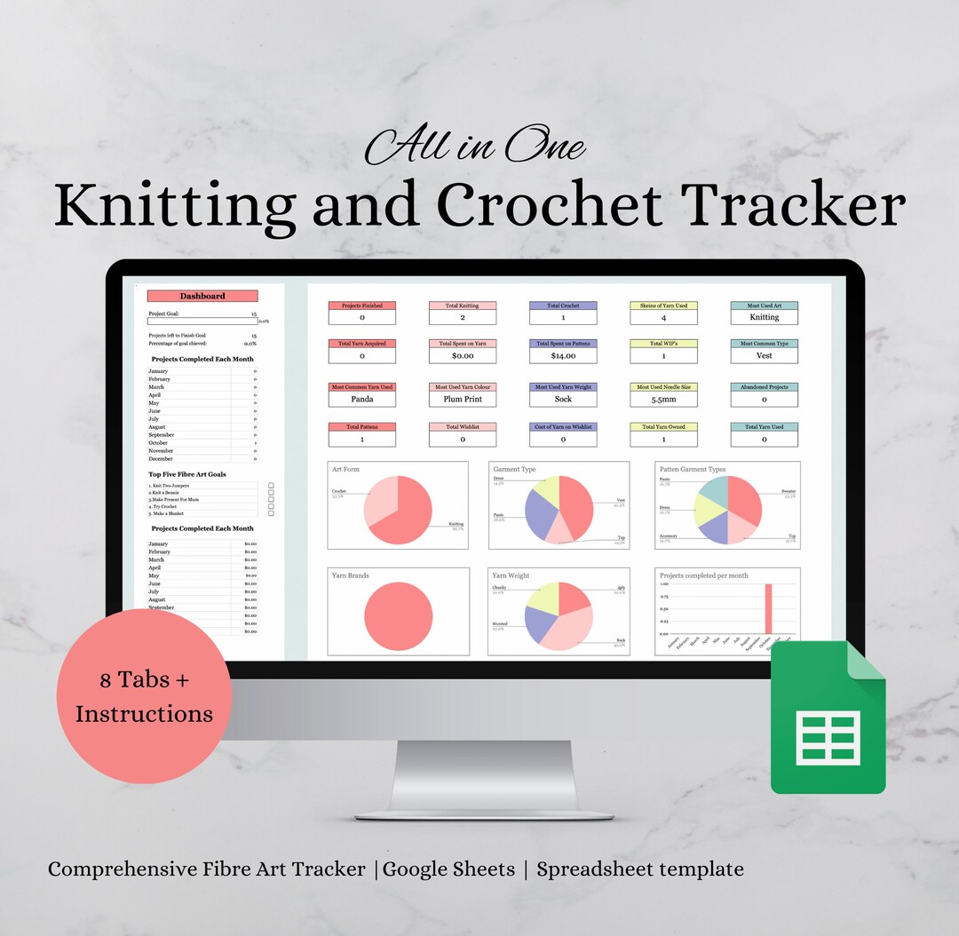2024 Knitting and Crochet Tracker Spreadsheet Yarn Inventory
