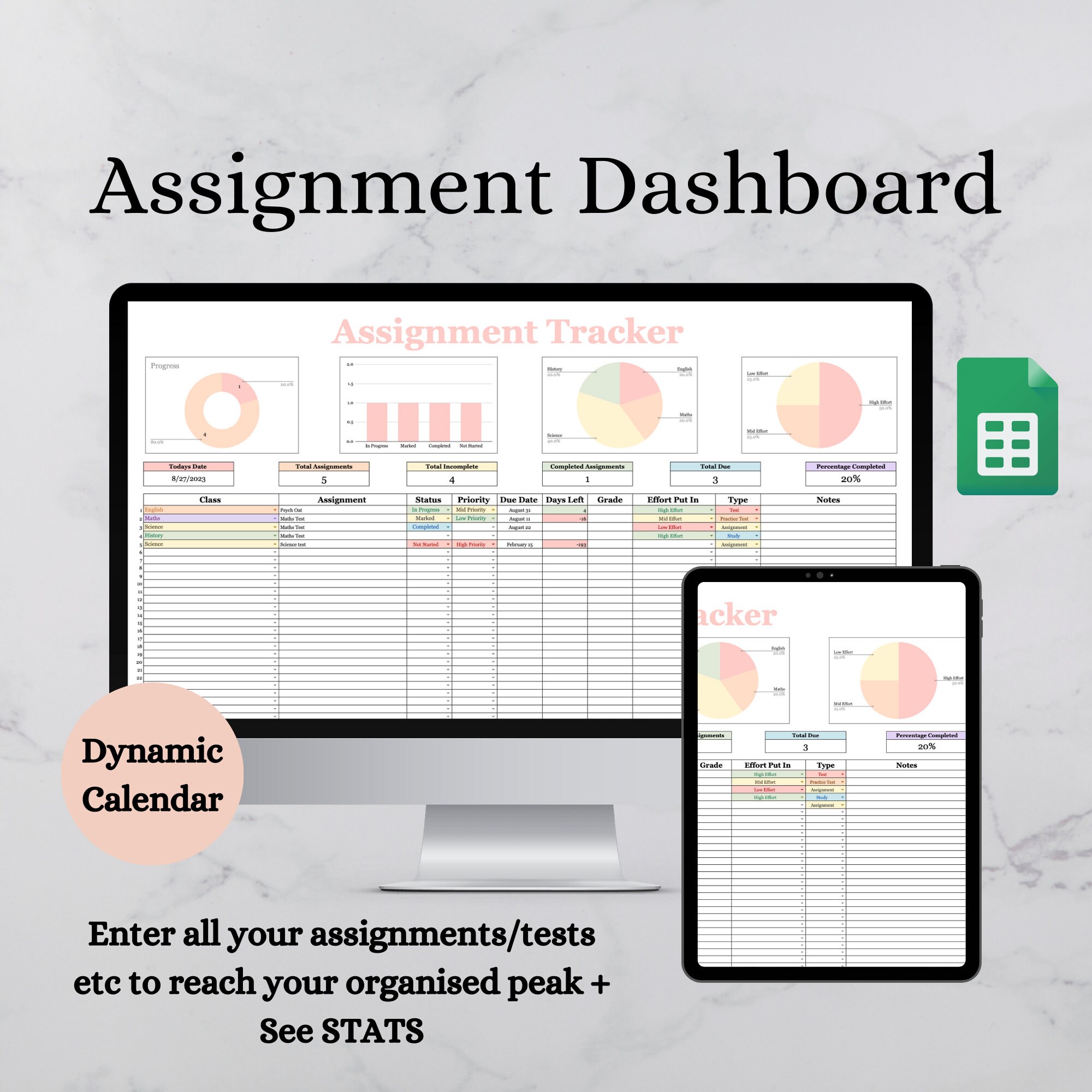 Student Planner & Assignment Tracker Google Sheets Excel College ...