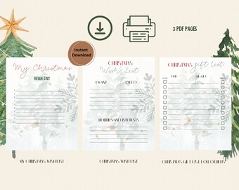 May include: Printable Christmas wish list and gift list templates. The design features a watercolor background with a Christmas tree and stars. The text on the pages reads "My Christmas Wish List", "Christmas Wish List", and "Christmas Gift List for Others".