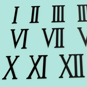 Peut inclure: Chiffres romains noirs pour horloge, disposés sur un fond bleu clair. Les chiffres sont en police serif et sont dispersés sur la surface. Les chiffres incluent I, II, III, V, VI, VII, VIII, IX, X, XI et XII.