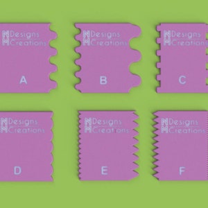 May include: Six pink plastic tools with different edge designs for decorating cakes and pastries. Each tool has the text "NDesigns MCreations" and a letter label from A to F.