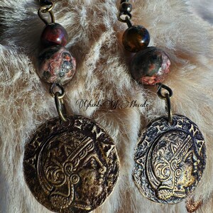 Athena Coin Earrings | garnet & leopard skin Jasper| Athena Greek Goddess Brass Earrings | Greek Goddess Jewelry