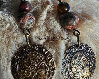 Athena Coin Earrings | garnet & leopard skin Jasper| Athena Greek Goddess Brass Earrings | Greek Goddess Jewelry