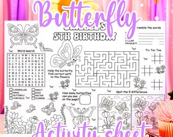 Mantel individual para colorear de mariposas • Hoja de actividades de mariposas • Juegos de mariposas para niños • Laberinto • Sopa de letras • Ordenar palabras para imprimir