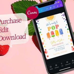 May include: A digital invitation for a baby shower with a watercolor illustration of popsicles and a sun. The text reads "She's ready to POP" and includes the names "Killy and John's Baby Shower" and the date and time of the event.