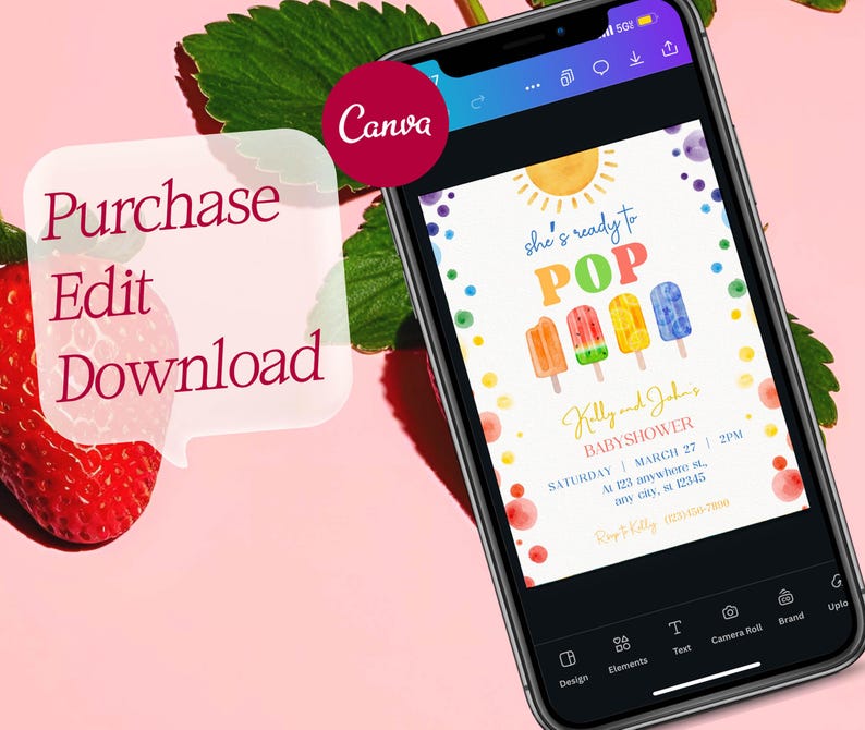 May include: A digital invitation for a baby shower with a watercolor illustration of popsicles and a sun. The text reads "She's ready to POP" and includes the names "Killy and John's Baby Shower" and the date and time of the event.
