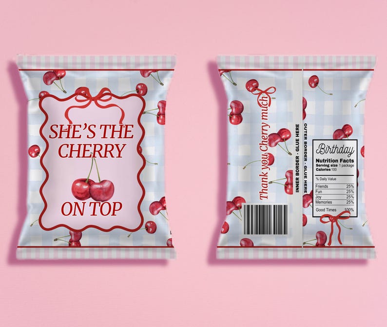 May include: A printable party favor bag design featuring a red cherry with the text "She's the Cherry on Top" and a blue and white gingham pattern. The back of the bag has a nutrition facts label with the text "Thank you Cherry much" and "Birthday".