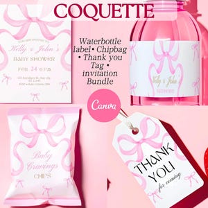 Coquette Baby Shower Editable Bundle | Coquette Chip Bag, Coquette water bottle label | Printable Thank you tag