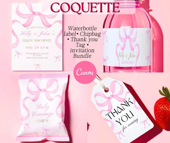 → View on Etsy: Coquette Baby Shower Editable Bundle | Coquette Chip Bag, Coquette water bottle label | Printable Thank you tag Coquette Baby Shower Editable Bundle | Coquette Chip Bag, Coquette water bottle label | Printable Thank you tag