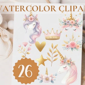 26 Unicorns Watercolor Png Unicorn Horn Clipart Gold Crowns and Flowers ...