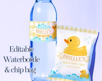 Etichette per sacchetti di patatine e bottiglie d'acqua a forma di paperella di gomma / Modello per bomboniere per baby shower