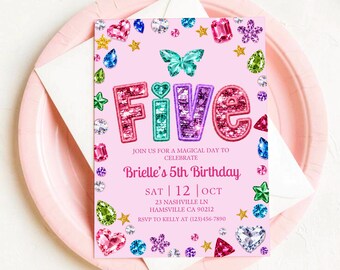 May include: A pink birthday invitation card featuring the word FIVE in sequined letters, a teal butterfly, and colorful gemstone and star graphics. Text includes: JOIN US FOR A MAGICAL DAY TO CELEBRATE, Brielle's 5th Birthday, SAT 12 OCT, 23 NASHVILLE LN, HAMSVILLE CA 90212, RSVP TO KELLY AT (123)456-7890.