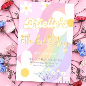 Invitation d'anniversaire de marguerite | Faire-part floral bohème | Modèle numérique fille modifiable