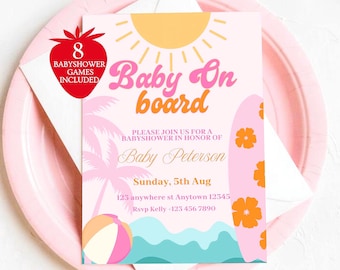 Invitación para baby shower de verano con temática de bebé rosa a bordo / Invitación para baby shower con temática playera / Baby shower personalizado para niña