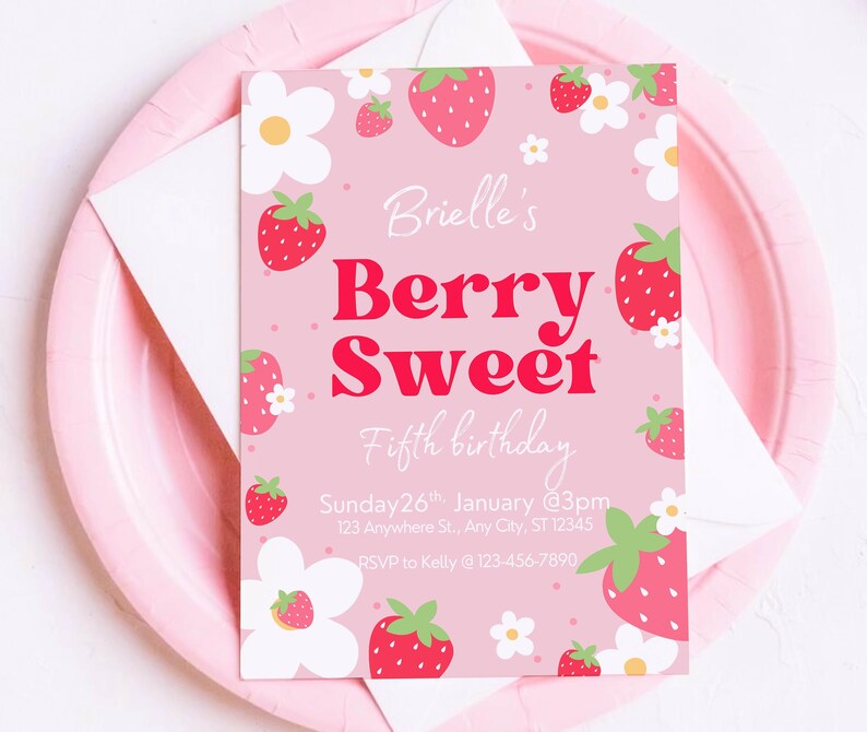 Berry happy birthday invitation | strawberry invite | girls birthday party image 1