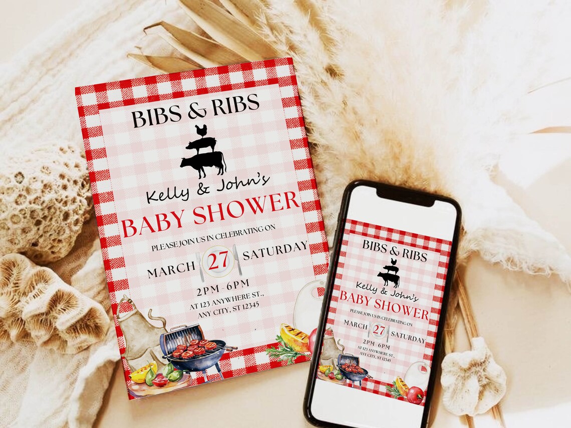 Bibs and Ribs Baby Shower Babyq Printable Invitation Etsy