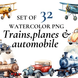 32 imágenes prediseñadas de trenes, aviones y automóviles / imágenes png de tránsito / álbumes de recortes de trenes, aviones y automóviles