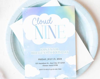 May include: A light blue birthday invitation with the words "Cloud Nine" in a cloud-shaped design. The invitation includes details for Brielle's 9th birthday, with the date, time, and RSVP information. The invitation is on a light blue plate.