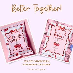 May include: Two printable party invitations with a pink and white checkered background. One invitation features a cherry with the text "She's the Cherry on Top". The other invitation features a cherry with the text "Brielle's 11th Birthday Celebration!"