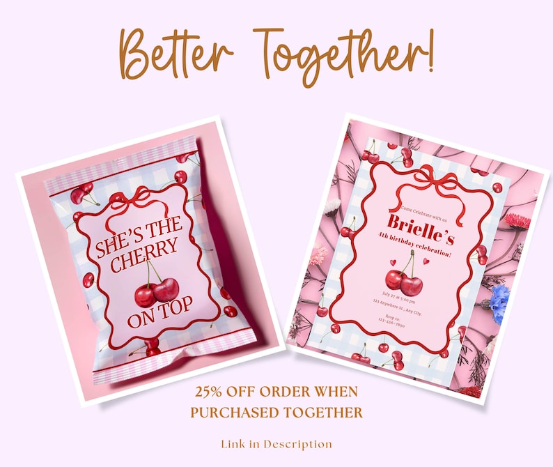 May include: Two printable party invitations with a pink and white checkered background. One invitation features a cherry with the text "She's the Cherry on Top". The other invitation features a cherry with the text "Brielle's 11th Birthday Celebration!"