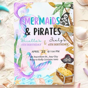 Invitation d'anniversaire de sirène et de pirate | Invitation à une fête entre frères et sœurs | Modèle d'anniversaire commun modifiable