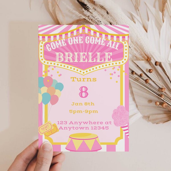 Pink carnival birthday invitation | Girl Circus Invite | digital party invite circus